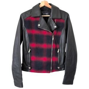Armani Jeans Leather Wool Jacket Womens 42 US Sz 6 Red‎ Black Check Tartan Plaid